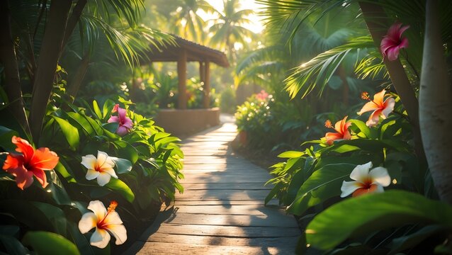 A tropical resort pathway surrounded by lush greenery and flowers