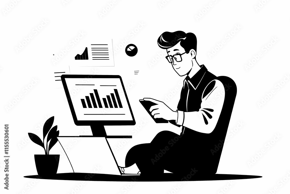 Poster data analyst at work: stylish illustration of a focused data analyst reviewing charts and graphs on 