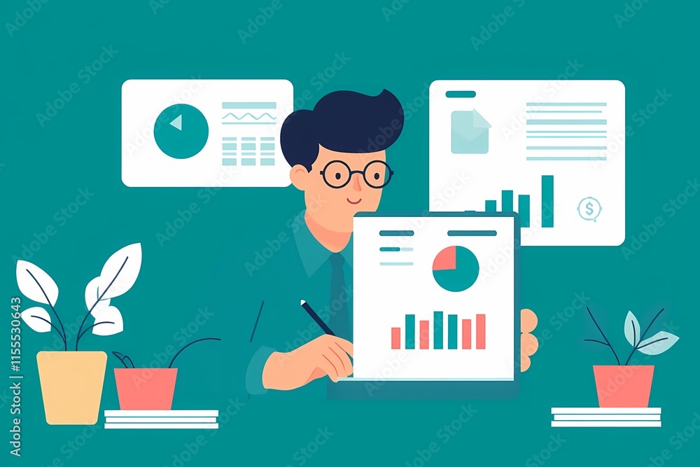 Poster analyzing the data: a young professional meticulously examines charts and graphs on a laptop, surrou