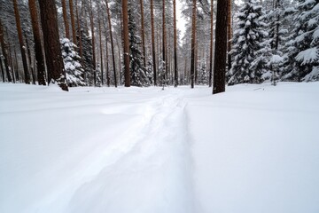 A winding pathway cuts through a snowy forest, inviting exploration and symbolizing adventure amidst the serene beauty of nature in winter's embrace.