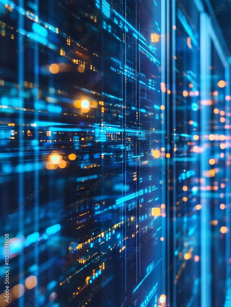 Aufkleber Modern Data Center with Blue and Orange Digital Lights Depicting High Tech Server Architecture : Generative AI