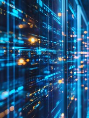 Modern Data Center with Blue and Orange Digital Lights Depicting High Tech Server Architecture : Generative AI
