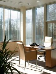 Fototapeta premium Private office with large windows overlooking serene forest landscape : Generative AI