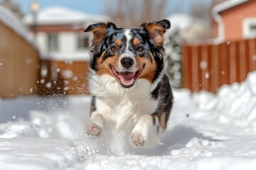 A vigorous dog leaps joyfully over a frosty snow carpet, illustrating the thrill of winter fun and the bond between canine companions in a winter wonderland.