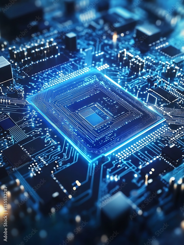Poster HighTech Microchip Circuit Board with Central Processing Unit in Blue Hue : Generative AI