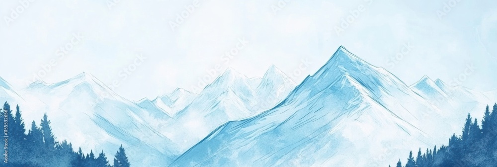 Poster minimalist winter doodle featuring snowy mountains and pine trees with plenty of copy space for crea