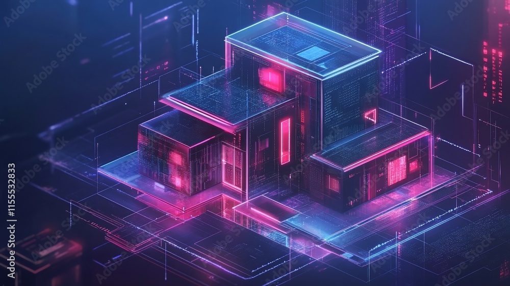 Poster a futuristic digital rendering of a neon-lit architectural structure.