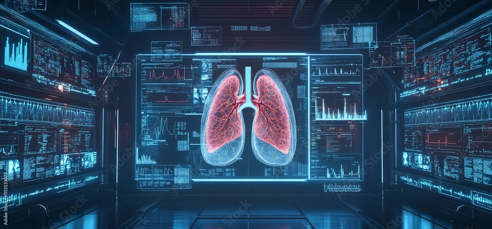Aufkleber a futuristic display of human lungs with data analysis and monitoring visuals.