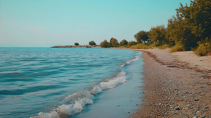 Serene beach scene at sunset, gentle waves lapping a sandy shore lined with trees. Perfect for travel, vacation, or relaxation themes.