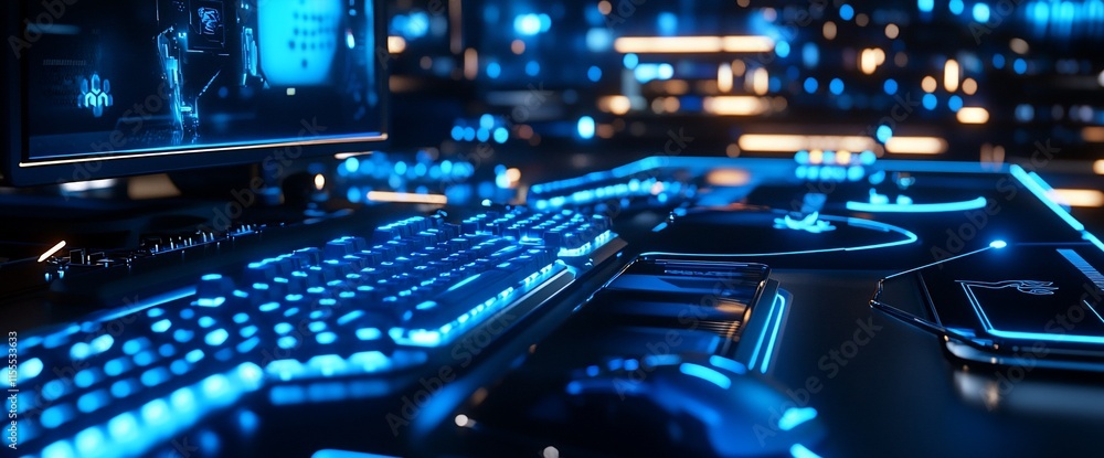Poster a futuristic gaming setup featuring illuminated keyboard and mouse.