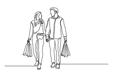 continuous line drawing of a man and woman shopping with bags. Single line A happy couple shopping.Self-drawing happy romantic couple holding shopping paper bags.