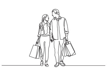continuous line drawing of a man and woman shopping with bags. Single line A happy couple shopping.Self-drawing happy romantic couple holding shopping paper bags.