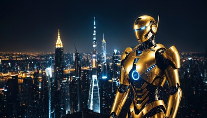 Naklejka premium humanoid robot with futuristic gold and white armor standing in front of the futuristic night city skyline