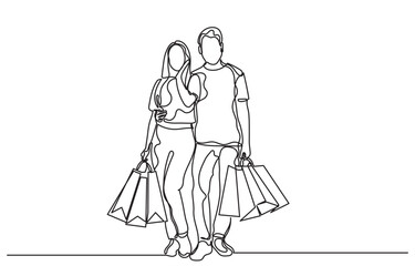 continuous line drawing of a man and woman shopping with bags. Single line A happy couple shopping.Self-drawing happy romantic couple holding shopping paper bags.