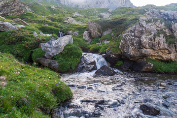 Wild mountain river with small waterfalls and slopes covered by grass with stones