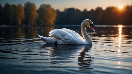 Fototapeta premium White swan in the lake with blue dark background on the sunset.