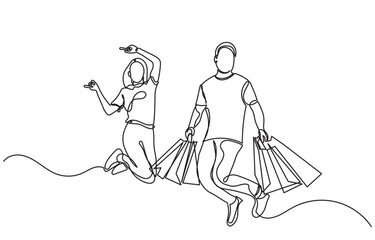 continuous line drawing of a man and woman shopping with bags. Single line A happy couple shopping.Self-drawing happy romantic couple holding shopping paper bags.