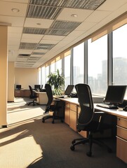 Fototapeta premium Modern Open Plan Office with Computers and Natural Light Through Large Windows : Generative AI
