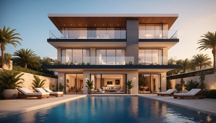 Fototapeta premium Modern villa with swimming pool and terrace, front view