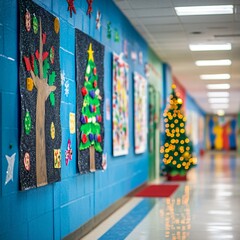 Christmas decorations and art display in school hallway festive environment colorful viewpoint