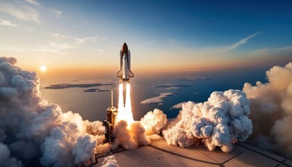 New space rocket lift off. Space shuttle with smoke and blast takes off into space on a background