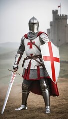 Obraz premium Old medieval Knights Templar warrior standing in a heroic pose. He is wearing white robes with a bold red Templar cross on his chest, over a full suit of chainmail armor