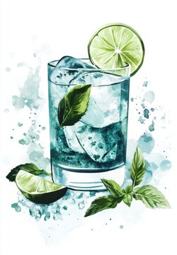 watercolor gin tonic cocktail with lime clip art preview
