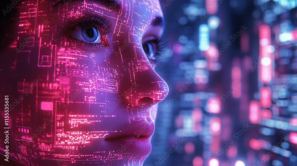 Poster a futuristic portrait blending human features with digital circuitry patterns.