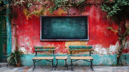 This image features an outdoor scene with a chalkboard mounted on a vibrant red wall, flanked by two wooden chairs. The scene is partially framed by greenery, creating a rustic feel.