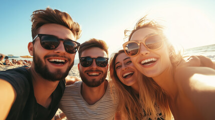 Group of friends enjoying a sunny beach day while taking selfies near the ocean in the late afternoon