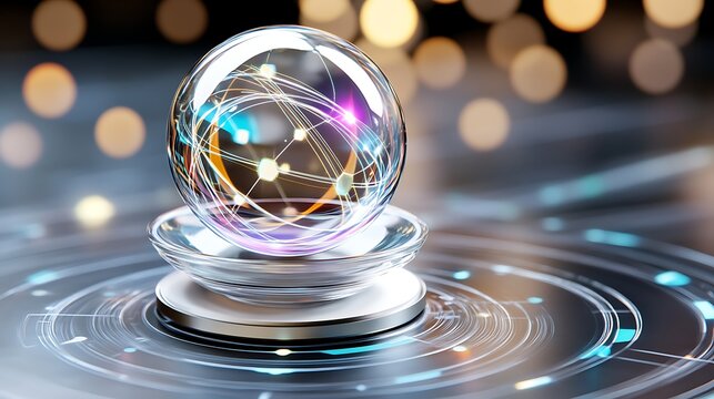 Futuristic Glass Sphere with Light Trails on Tech Background