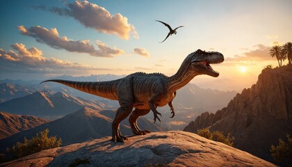 T-Rex standing on a jungle with a pterodactyl flying in the sky