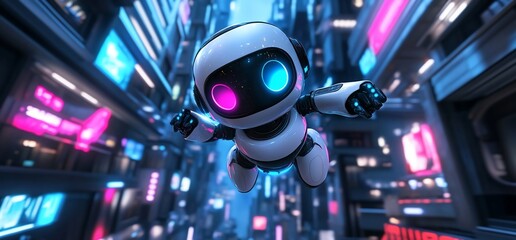 A futuristic robot soaring through a vibrant, neon-lit urban landscape.