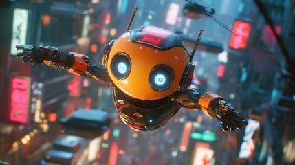 A futuristic robot flying through a neon-lit cityscape at night.