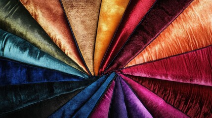A bright assortment of velour fabric samples displayed in a fan pattern, emphasizing their luxurious texture.