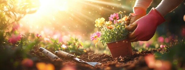 Vibrant Gardening Scene with Hands Planting Colorful Flowers During Golden Hour with Shovel and Tools in Soft Sunlight for Nature Lovers and Garden Enthusiasts