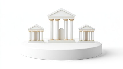 A 3D rendering depicts three white classical-style structures on a rounded platform. The central structure is larger, flanked by two smaller, matching buildings