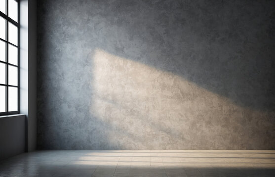 grey wall interior with window shadows. Minimalist studio backdrop for versatile room settings.
