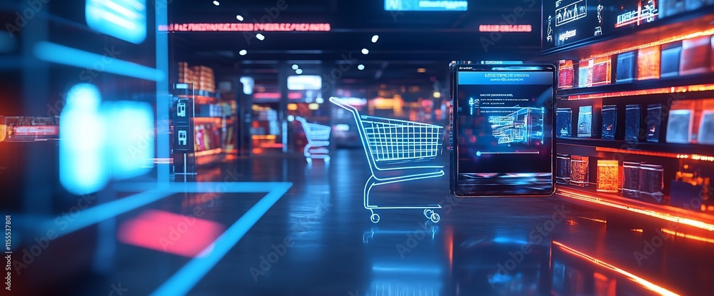 Poster a futuristic shopping scene with a cart and digital displays.