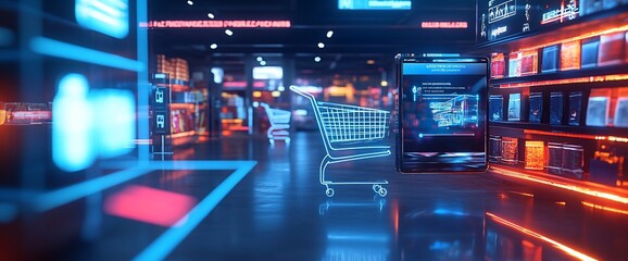 A futuristic shopping scene with a cart and digital displays.