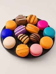 Obraz premium Colorful Macarons on Black Round Plate