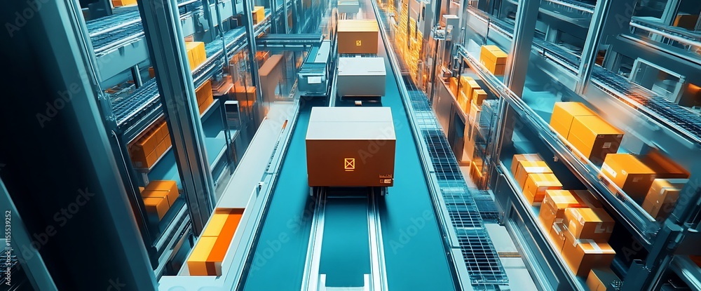 Poster a futuristic warehouse with automated systems handling packages and logistics.
