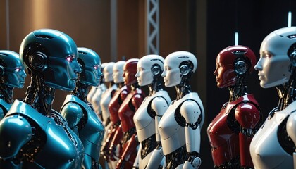 An assembly line of humanoid robots
