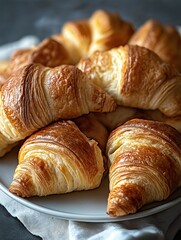 Fototapeta premium Golden-Brown Croissants on a White Plate