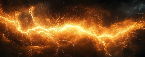 A vibrant golden lightning bolt branching across a pitchblack sky, symbolizing the immense power and natural energy of a thunderstorm