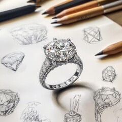 Intricate diamond ring design surrounded by detailed sketches and pencils