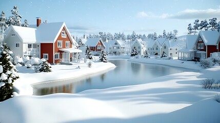 Winter Wonderland  Snowy Houses  Frozen Lake  Christmas Village