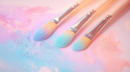 Fototapeta premium Three paintbrushes with different colors on a pink background