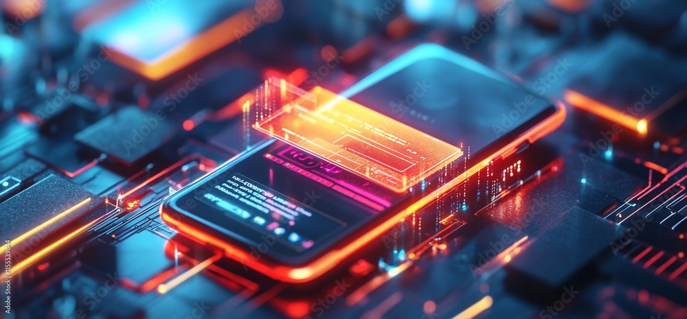 Aufkleber a futuristic smartphone surrounded by glowing circuit elements and data displays.