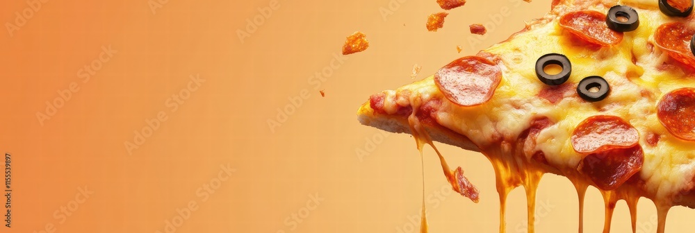 Aufkleber delicious pizza slice with melted cheese and stylized toppings on a vibrant background with ample co